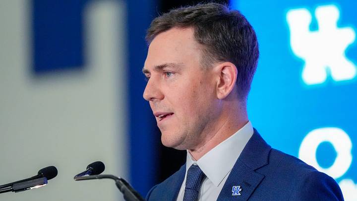New Kentucky Wildcat head coach Will Stein makes remarks as he is introduced at Kentucky on Wednesday, December 3, 2025