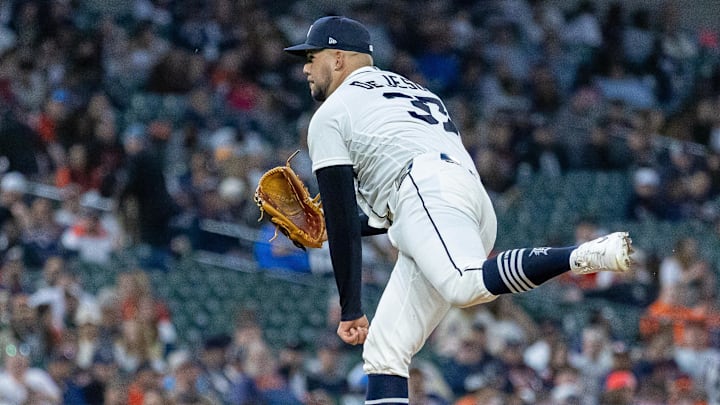 Apr 21, 2026; Detroit, Michigan, USA; Detroit Tigers pitcher Enmanuel de Jesus (37) throws during the seventh inning against the Milwaukee Brewers at Comerica Park. Mandatory Credit: David Reginek-Imagn Images