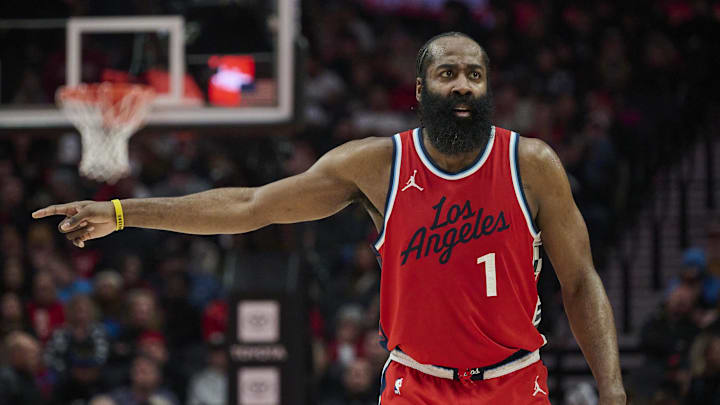 Jan 16, 2025; Portland, Oregon, USA; LA Clippers guard James Harden (1) points to a teammate on an inbounds pass during the first half against the Portland Trail Blazers at Moda Center. Mandatory Credit: Troy Wayrynen-Imagn Images