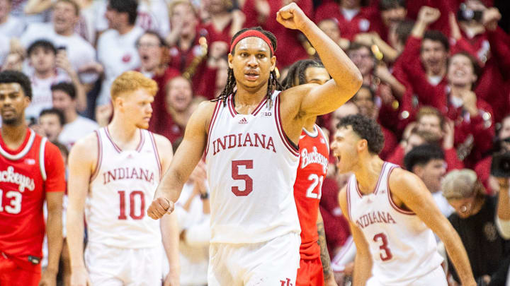 Indiana's Malik Reneau (5) celebrates during the Indiana versus Ohio State men's basketball game at Simon Skjodt Assembly Hall on Saturday, March 8, 2025.