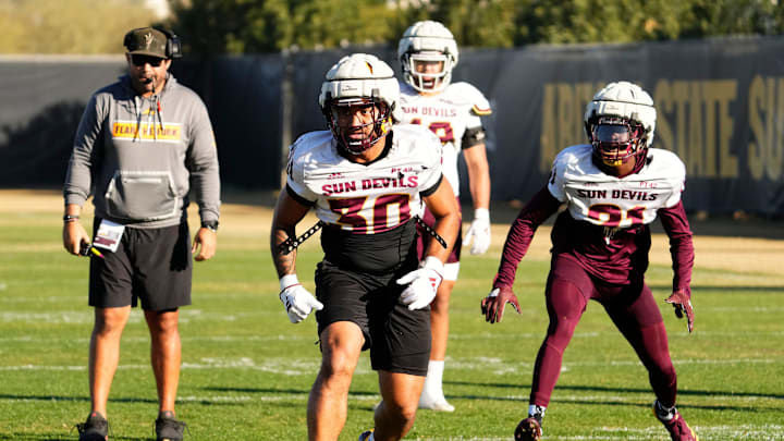 Arizona State Sun Devils linebacker Zyrus Fiaseu (30) during workouts at Kajikawa Practice fields in Tempe on Wednesday, Dec. 18, 2024. Arizona State Sun Devils linebacker Zyrus Fiaseu (30) during workouts at Kajikawa Practice fields in Tempe on Wednesday, Dec. 18, 2024.