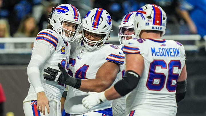 Buffalo Bills quarterback Josh Allen (17) celebrates his touchdown with teammates, during the first half at Ford Field in Detroit on Sunday, Dec. 15, 2024. Buffalo Bills quarterback Josh Allen (17) celebrates his touchdown with teammates, during the first half at Ford Field in Detroit on Sunday, Dec. 15, 2024.