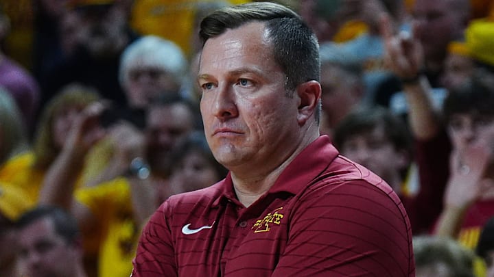 Iowa State Cyclones men's basketball head coach T.J. Otzelberger watches the game from the beach against Houston during the second half in the Big-12 men’s basketball at Hilton Coliseum on Feb. 16, 2026, in Ames, Iowa