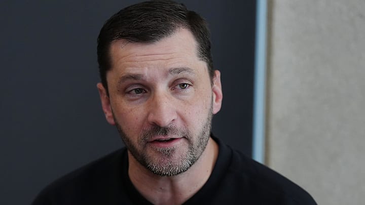 Iowa State quarterback coach Keith Heckendorf talks to media during a media opportunity at Stark Performance center on Feb. 11, 2026, in Ames, Iowa.