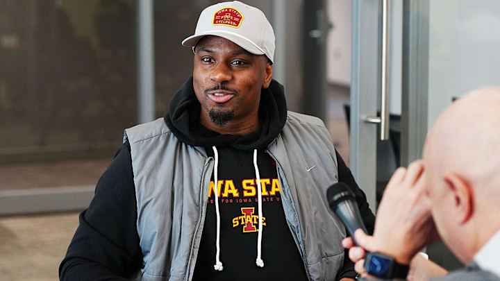 Iowa State defensive line coach Jalon Bibbs talks to media during the football defensive coaches media opportunity at the university’s Stark Performance Centerer on Feb. 13, 2026, in Ames , Iowa.