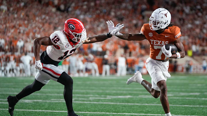 Texas Longhorns wide receiver Isaiah Bond makes a touchdown against Georgia Bulldogs defensive back Julian Humphrey in the third quarter at Darrell K Royal-Texas Memorial Stadium Saturday October 19, 2024. Texas Longhorns wide receiver Isaiah Bond makes a touchdown against Georgia Bulldogs defensive back Julian Humphrey in the third quarter at Darrell K Royal-Texas Memorial Stadium Saturday October 19, 2024.