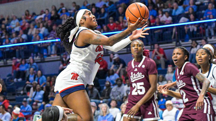 Ole Miss forward Cotie McMahon (32) goes for a layup during a women's college basketball game between Ole Miss and Mississippi State at the Sandy and John Black Pavilion in Oxford, Miss. on Sunday, Jan. 11, 2026.