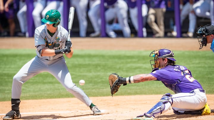 Catcher Hayden Travinski 25 working behind the plate as The LSU Tigers take on Tulane in the first round of the 2023 NCAA Div 1 Baseball Championship at Alex Box Stadium in Baton Rouge, LA. Friday, June 2, 2023.