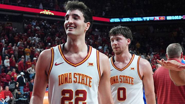 Iowa State Cyclones forward Milan Momcilovic (22) celebrates after winning 74-56 over Kansas in the Big-12 conference basketball showdown on Feb. 14, 2026, at Hilton Coliseum, in Ames, Iowa. Iowa State Cyclones forward Milan Momcilovic (22) celebrates after winning 74-56 over Kansas in the Big-12 conference basketball showdown on Feb. 14, 2026, at Hilton Coliseum, in Ames, Iowa.