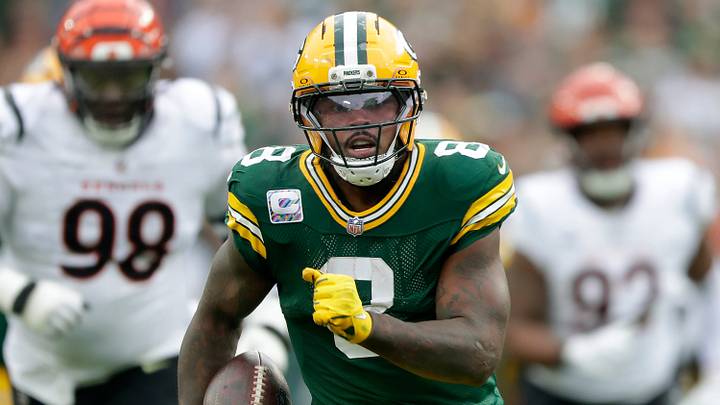 Green Bay Packers running back Josh Jacobs (8) against the Cincinnati Bengals on Sunday, October 12, 2025, at Lambeau Field in Green Bay, Wis.