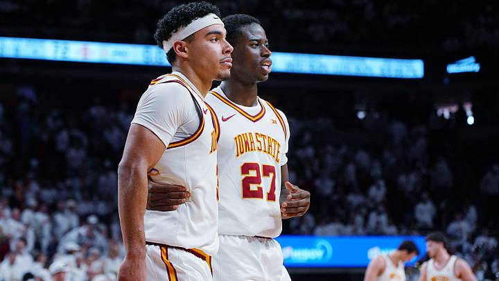 Iowa State Cyclones guard Tamin Lipsey (3) and Iowa State Cyclones forward Killyan Toure (27) celebrates after winning 69-72 over Baylor in the Big-12 men’s basketball on Feb. 7, 2026, at Hilton Coliseum in Ames, Iowa