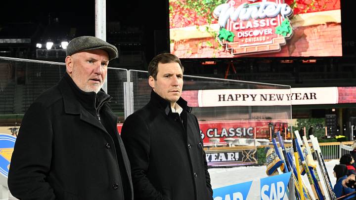 (L-R) General Manager Doug Armstrong of the St. Louis Blues and former St. Louis Blues player Alex Steen attend practice prior to the Discover NHL Winter Classic between the St. Louis Blues and the Chicago Blackhawks at Wrigley Field on December 30, 2024 in Chicago, Illinois. (Photo by Jamie Sabau/NHLI via Getty Images)
