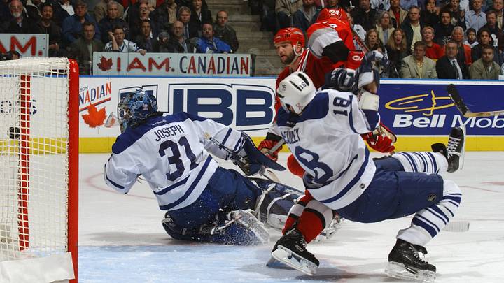 Hurricanes winger Jeff O'Neill scores the overtime winner against the Toronto Maple Leafs in Game 3 of the Eastern Conference Finals at the Air Canada Center in Toronto on May 21, 2002.