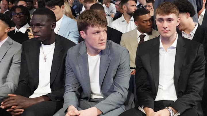 Duke basketball players Khaman Maluach, Kon Knueppel, and Cooper Flagg