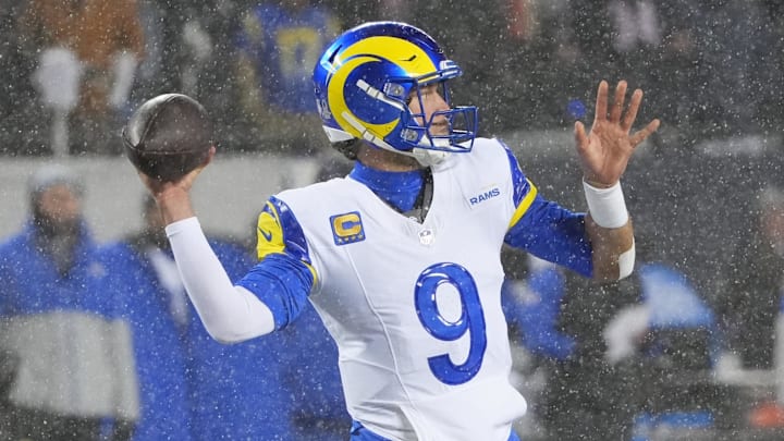 Jan 18, 2026; Chicago, IL, USA; Los Angeles Rams quarterback Matthew Stafford (9) throws a pass against the Chicago Bears during the second quarter of an NFC Divisional Round game at Soldier Field. Mandatory Credit: David Banks-Imagn Images