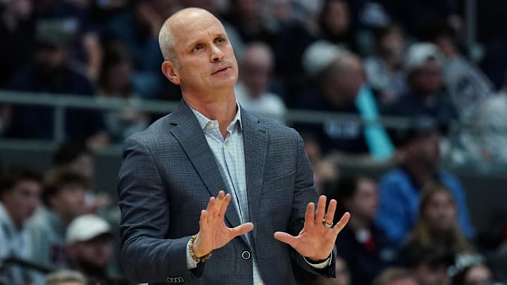 Nov 23, 2025; Hartford, Connecticut, USA; UConn Huskies head coach Dan Hurley watches from the sideline as they take on the Bryant Bulldogs at Peoples Bank Arena. Mandatory Credit: David Butler II-Imagn Images