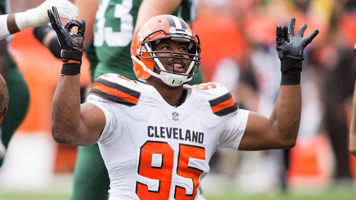 Oct 8, 2017; Cleveland, OH, USA; Cleveland Browns defensive end Myles Garrett (95) celebrates his sack on New York Jets quarterback Josh McCown during the second quarter at FirstEnergy Stadium.