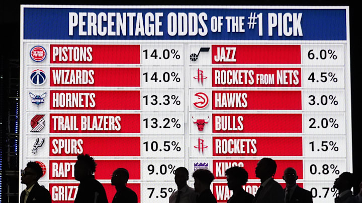 May 12, 2024; Chicago, IL, USA; Representatives of the 14 NBA teams wait to go on stage during the 2024 NBA Draft Lottery at McCormick Place West. Mandatory Credit: David Banks-Imagn Images