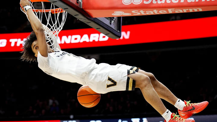 Vanderbilt guard Tyler Tanner (3) dunks the ball against SMU during the first half of an NCAA college basketball game Wednesday, Dec. 3, 2025, in Nashville, Tenn.