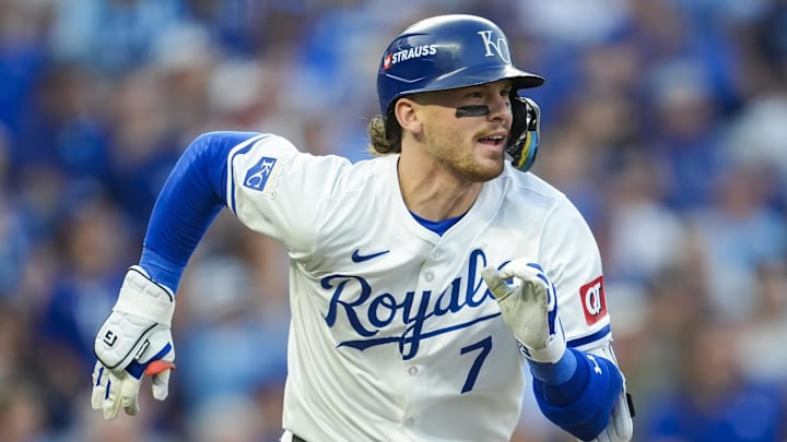 Oct 9, 2024; Kansas City, Missouri, USA; Kansas City Royals shortstop Bobby Witt Jr. (7) runs to first base during the first inning against the New York Yankees in game three of the ALDS for the 2024 MLB Playoffs at Kauffman Stadium. Mandatory Credit: Jay Biggerstaff-Imagn Images Oct 9, 2024; Kansas City, Missouri, USA; Kansas City Royals shortstop Bobby Witt Jr. (7) runs to first base during the first inning against the New York Yankees in game three of the ALDS for the 2024 MLB Playoffs at Kauffman Stadium. Mandatory Credit: Jay Biggerstaff-Imagn Images