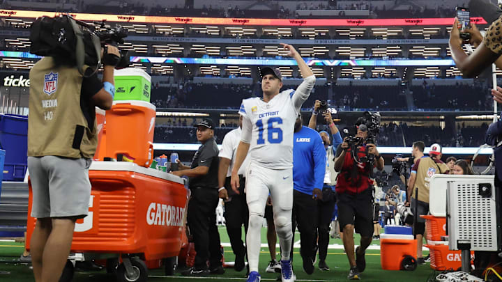 Oct 13, 2024; Arlington, Texas, USA;  Detroit Lions quarterback Jared Goff (16) waves to fans after the game against the Dallas Cowboys at AT&T Stadium. Mandatory Credit: Kevin Jairaj-Imagn Images