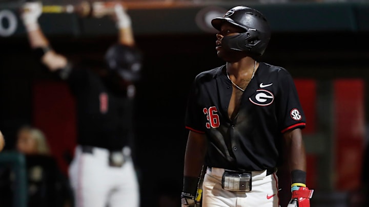 Georgia's Tre Phelps (36) gets ready to bat during Game 3 of the Super NCAA Regional against NC State at Foley Field on Monday, June 10, 2024 in Athens, Ga. NC State won 8-5.