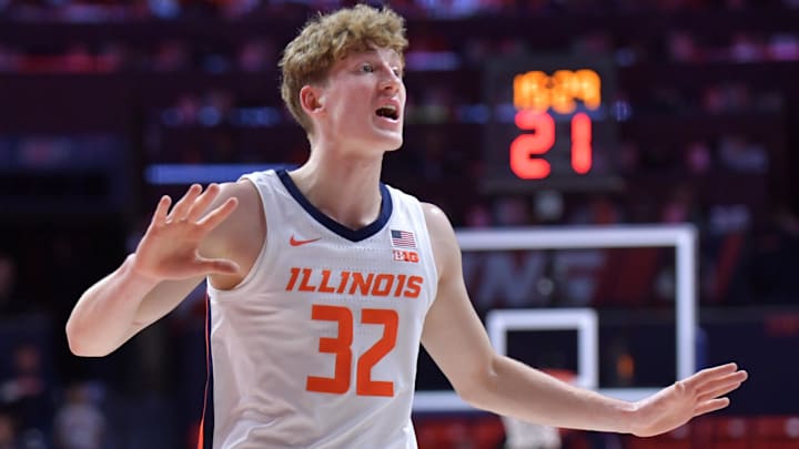 Nov 13, 2024; Champaign, Illinois, USA; Illinois Fighting Illini guard Kasparas Jakucionis (32) reacts during the first half against the Oakland Golden Grizzlies at State Farm Center. Mandatory Credit: Ron Johnson-Imagn Images Nov 13, 2024; Champaign, Illinois, USA; Illinois Fighting Illini guard Kasparas Jakucionis (32) reacts during the first half against the Oakland Golden Grizzlies at State Farm Center. Mandatory Credit: Ron Johnson-Imagn Images