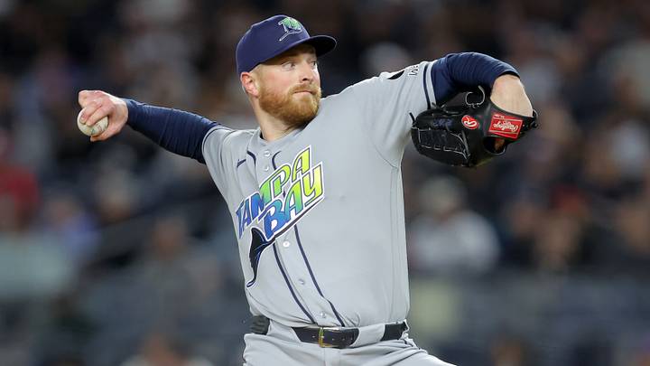 Sep 22, 2026; Bronx, New York, USA; Tampa Bay Rays starting pitcher Drew Rasmussen (57) pitches against the New York Yankees during the third inning at Yankee Stadium. Mandatory Credit: Brad Penner-Imagn Images Sep 22, 2026; Bronx, New York, USA; Tampa Bay Rays starting pitcher Drew Rasmussen (57) pitches against the New York Yankees during the third inning at Yankee Stadium. Mandatory Credit: Brad Penner-Imagn Images