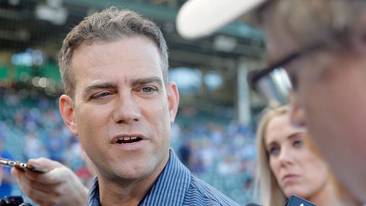 Jul 15, 2019; Chicago, IL, USA; Chicago Cubs President of baseball operations Theo Epstein is interviewed by media before the game between the Chicago Cubs and the Pittsburgh Pirates at Wrigley Field. Mandatory Credit: Jon Durr-Imagn Images Jul 15, 2019; Chicago, IL, USA; Chicago Cubs President of baseball operations Theo Epstein is interviewed by media before the game between the Chicago Cubs and the Pittsburgh Pirates at Wrigley Field. Mandatory Credit: Jon Durr-Imagn Images