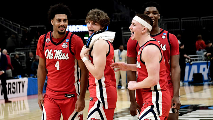 Mar 23, 2025; Milwaukee, WI, USA; Mississippi Rebels forward Jaemyn Brakefield (4) celebrates with teammates after defeating the Iowa State Cyclones in the second round of the NCAA Tournament at Fiserv Forum. Mandatory Credit: Benny Sieu-Imagn Images Mar 23, 2025; Milwaukee, WI, USA; Mississippi Rebels forward Jaemyn Brakefield (4) celebrates with teammates after defeating the Iowa State Cyclones in the second round of the NCAA Tournament at Fiserv Forum. Mandatory Credit: Benny Sieu-Imagn Images