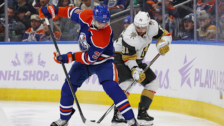 Nov 28, 2023; Edmonton, Alberta, CAN; Edmonton Oilers defensemen Darnell Nurse (25)and Vegas Golden