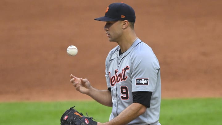 May 6, 2024; Cleveland, Ohio, USA; Detroit Tigers starting pitcher Jack Flaherty (9) reacts after giving up a home run in the sixth inning against the Cleveland Guardians at Progressive Field.
