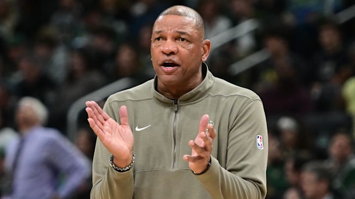 Apr 10, 2024; Milwaukee, Wisconsin, USA; Milwaukee Bucks head coach Doc Rivers reacts in the fourth quarter against the Orlando Magic at Fiserv Forum.