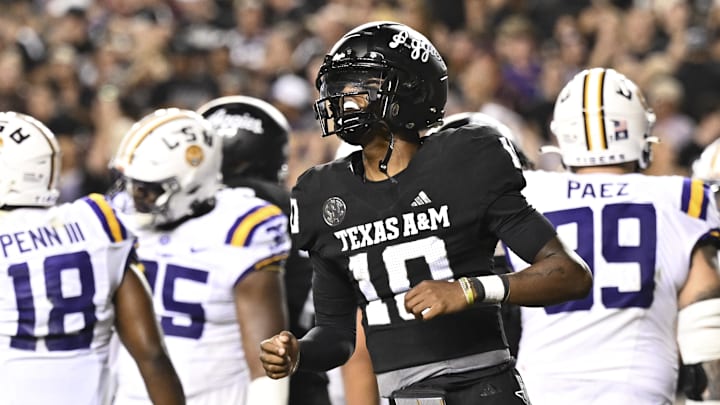 Oct 26, 2024; College Station, Texas, USA; Texas A&M Aggies quarterback Marcel Reed (10) reacts against the LSU Tigers during the third quarter. The Aggies defeated the Tigers 38-23; at Kyle Field. Mandatory Credit: Maria Lysaker-Imagn Images. 