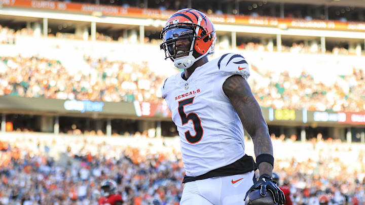 Aug 10, 2024; Cincinnati, Ohio, USA; Cincinnati Bengals wide receiver Tee Higgins (5) reacts after scoring a touchdown against the Tampa Bay Buccaneers in the first half at Paycor Stadium.