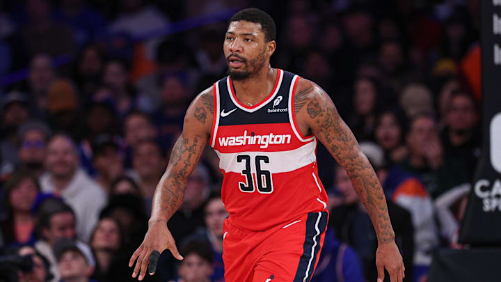 Mar 22, 2025; New York, New York, USA; Washington Wizards guard Marcus Smart (36) reacts after a basket against the New York Knicks during the second half at Madison Square Garden. Mandatory Credit: Vincent Carchietta-Imagn Images