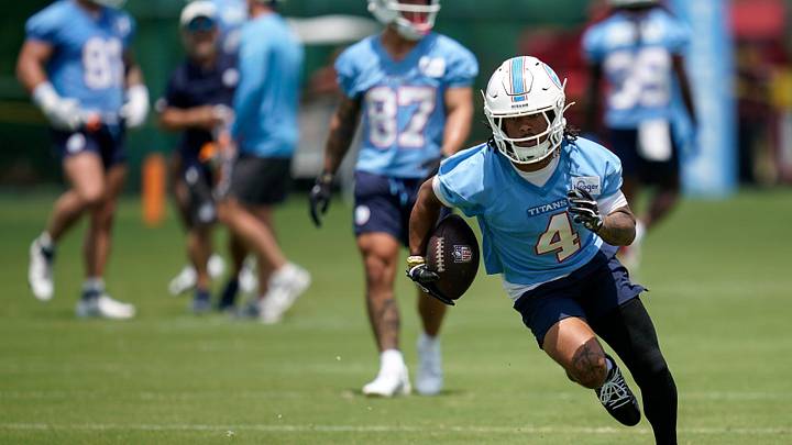 Tennessee Titans wide receiver Wan'dale Robinson (4) runs drills during OTAs at Vanderbilt Health Football Center in Nashville, Tenn., Thursday, June 11, 2026. Tennessee Titans wide receiver Wan'dale Robinson (4) runs drills during OTAs at Vanderbilt Health Football Center in Nashville, Tenn., Thursday, June 11, 2026.