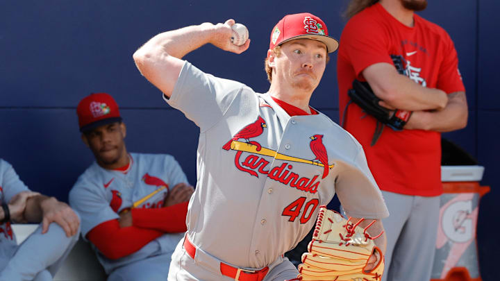 Feb 16, 2026; Jupiter, FL, USA;  St. Louis Cardinals pitcher Hunter Dobbins (40) throws a pitch during spring training workouts at Roger Dean Stadium. Mandatory Credit: Reinhold Matay-Imagn Images