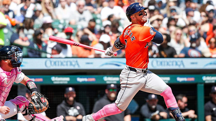 Houston Astros third base Alex Bregman (2) bats against Detroit Tigers during the fourth inning at Comerica Park in Detroit on Sunday, May 12, 2024.