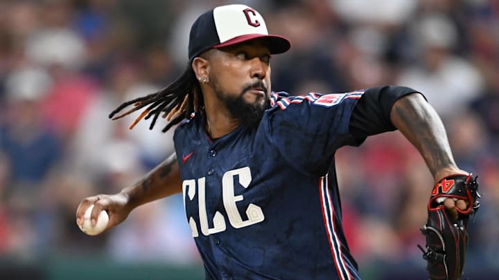 Jul 18, 2025; Cleveland, Ohio, USA; Cleveland Guardians pitcher Emmanuel Clase (48) throws a pitch during the ninth inning against the Athletics at Progressive Field. Mandatory Credit: Ken Blaze-Imagn Images Jul 18, 2025; Cleveland, Ohio, USA; Cleveland Guardians pitcher Emmanuel Clase (48) throws a pitch during the ninth inning against the Athletics at Progressive Field. Mandatory Credit: Ken Blaze-Imagn Images