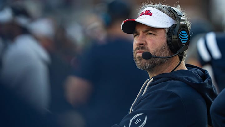 Ole Miss Head Coach Pete Golding watches on the sidelines during the first round of the College Football Playoff against Tulane at Vaught-Hemingway Stadium in Oxford, Miss., on Saturday, Dec. 20, 2025.