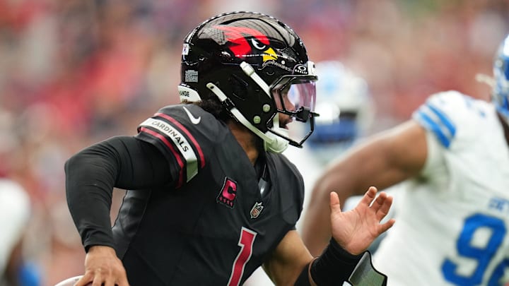 Arizona Cardinals quarterback Kyler Murray (1) scrambles out of the pocket against the Detroit Lions at State Farm Stadium in Glendale, Ariz., Sep 22, 2024. Arizona Cardinals quarterback Kyler Murray (1) scrambles out of the pocket against the Detroit Lions at State Farm Stadium in Glendale, Ariz., Sep 22, 2024.