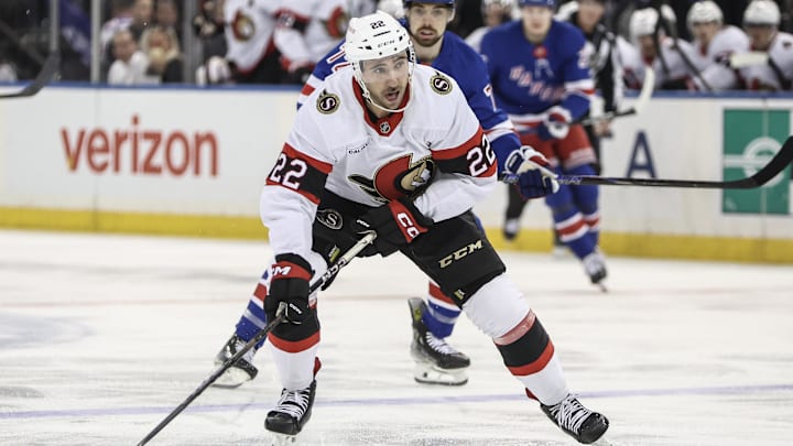 Nov 1, 2024; New York, New York, USA; Ottawa Senators right wing Michael Amadio (22) controls the puck in the first period against the New York Rangers at Madison Square Garden. Mandatory Credit: Wendell Cruz-Imagn Images
