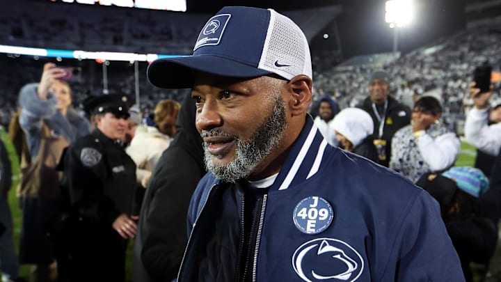 Nov 22, 2025; University Park, Pennsylvania, USA; Penn State Nittany Lions interim head coach Terry Smith walks on the field following the game against the Nebraska Cornhuskers at Beaver Stadium. Mandatory Credit: Matthew O'Haren-Imagn Images
