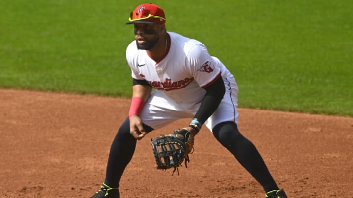 May 31, 2025; Cleveland, Ohio, USA; Cleveland Guardians first baseman Carlos Santana (41) stands on the field in the second inning against the Los Angeles Angels at Progressive Field. Mandatory Credit: David Richard-Imagn Images May 31, 2025; Cleveland, Ohio, USA; Cleveland Guardians first baseman Carlos Santana (41) stands on the field in the second inning against the Los Angeles Angels at Progressive Field. Mandatory Credit: David Richard-Imagn Images