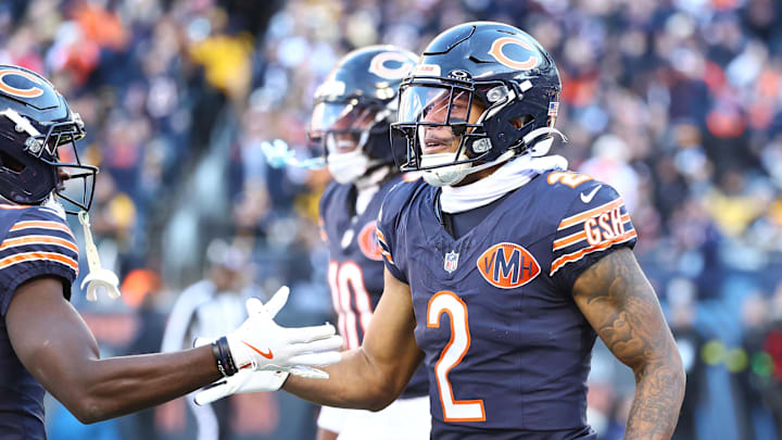 Nov 23, 2025; Chicago, Illinois, USA; Chicago Bears wide receiver DJ Moore (2) reacts after making a touchdown catch against the Pittsburgh Steelers during the second half at Soldier Field. Mandatory Credit: Mike Dinovo-Imagn Images