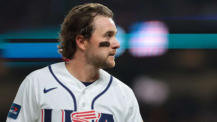 Mar 17, 2026; Miami, FL, United States; United States second baseman Brice Turang (13) in the third inning against Venezuela during the 2026 World Baseball Classic Championship game at loanDepot Park. Mandatory Credit: Sam Navarro-Imagn Images