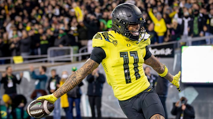 Oregon wide receiver Troy Franklin celebrates a touchdown as the No. 6 Oregon Ducks host the USC Trojans.