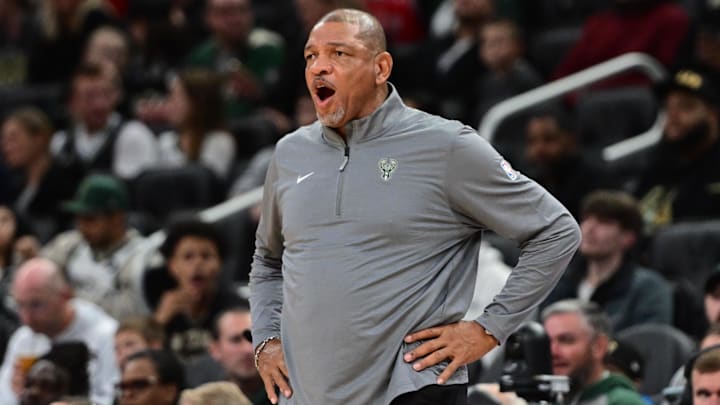 Oct 14, 2024; Milwaukee, Wisconsin, USA;  Milwaukee Bucks head coach Doc Rivers calls a play in the second quarter against the Chicago Bulls at Fiserv Forum. Mandatory Credit: Benny Sieu-Imagn Images