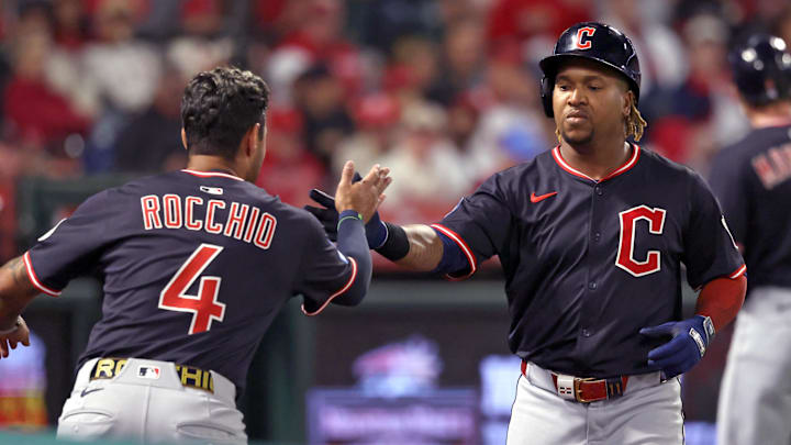 Apr 4, 2025; Anaheim, California, USA; Cleveland Guardians third baseman Jose Ramirez (11, right) is greeted by shortstop Brayan Rocchio (4) after hitting a home run during the fifth inning against the Los Angeles Angels at Angel Stadium. Mandatory Credit: Kiyoshi Mio-Imagn Images Apr 4, 2025; Anaheim, California, USA; Cleveland Guardians third baseman Jose Ramirez (11, right) is greeted by shortstop Brayan Rocchio (4) after hitting a home run during the fifth inning against the Los Angeles Angels at Angel Stadium. Mandatory Credit: Kiyoshi Mio-Imagn Images